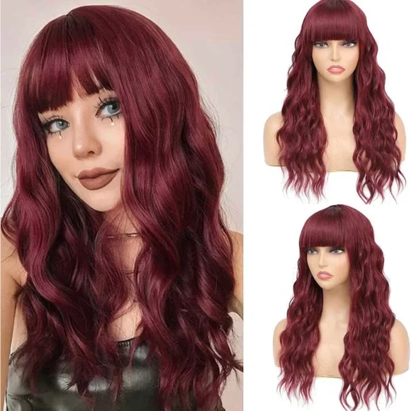 Accessories | Human Hair Blend Burgundy Red Curly Wave Wig  display picture 1
